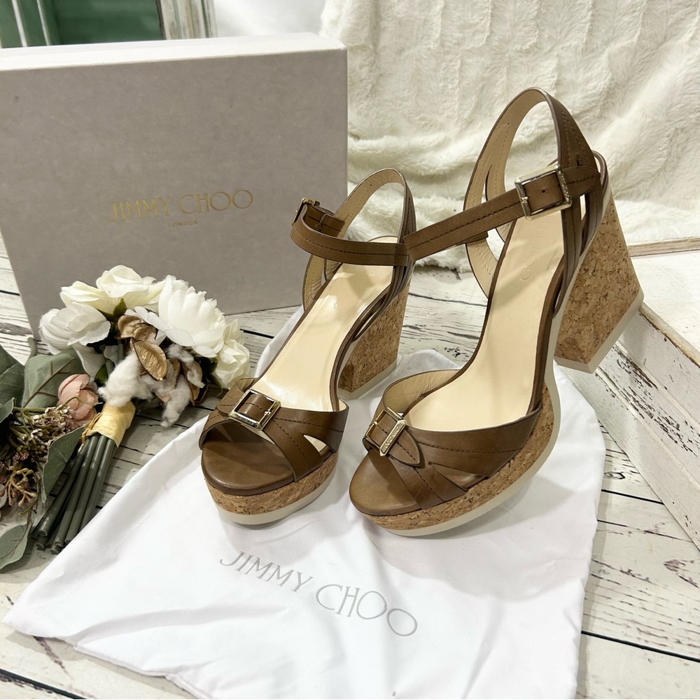 Jimmy Choo Nemesis 151 vachetta leather block wedge heels NWT